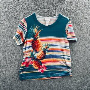 Alfred Dunner Women Top Small Blue Orange Short‎ Sleeve Pullover Shirt Pineapple